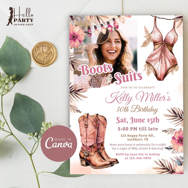 Invitation bottes et costumes avec photo, invitation western pool party, cow-girl party, invitation photo d'anniversaire d'été bohème piscine, toile CP26p