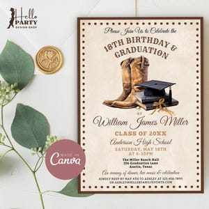 Invito per la laurea in stile western e il 18° compleanno, doppia celebrazione, festa di laurea, compleanno da cowboy, classe del 2025, stampabile su Canva GPB11b