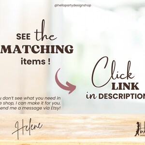 May include: A brown wooden sign with white text that says "SEE the MATCHING items!" and "Click LINK in DESCRIPTION". The sign is on a wooden surface. The text "Helene" is written in cursive below the sign. The text "@hellopartydesignshop" is in the top right corner of the image. A silhouette of a woman wearing a cowboy hat and boots is in the bottom right corner of the image. The text "Hello PARTY DESIGN SHOP" is below the silhouette.