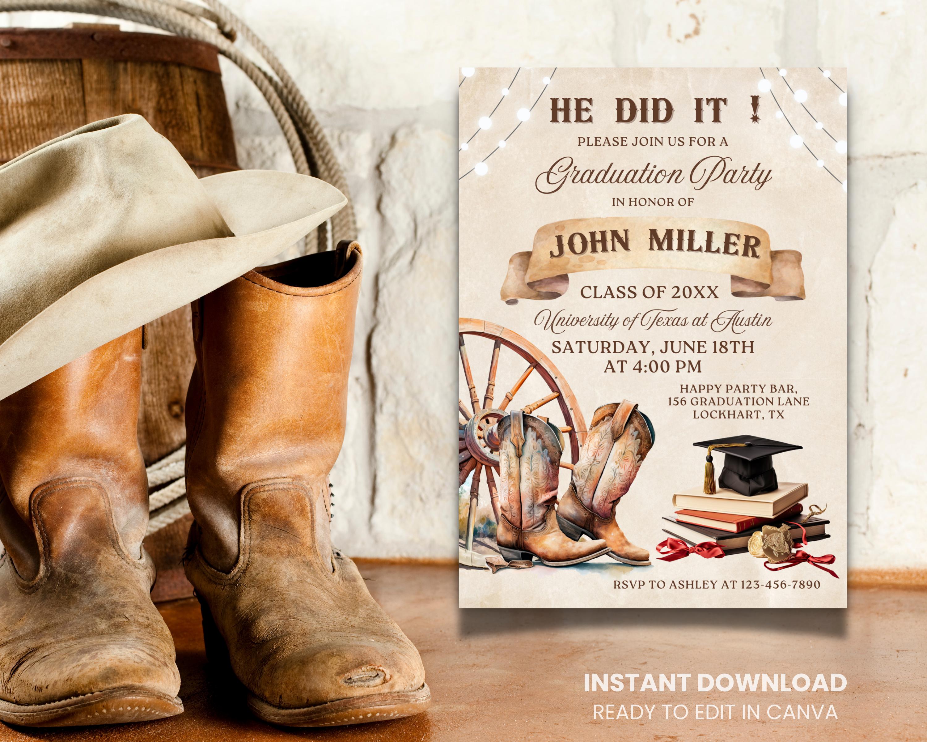 Editable Western Graduation Party Invitation, Country Grad Cap, Cowboy ...