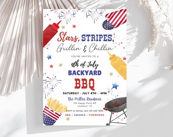 Bearbeitbar 4. Juli Einladung, Stars Stripes Grillin Chillin BBQ, Backyard Barbeque, Feuerwerk
