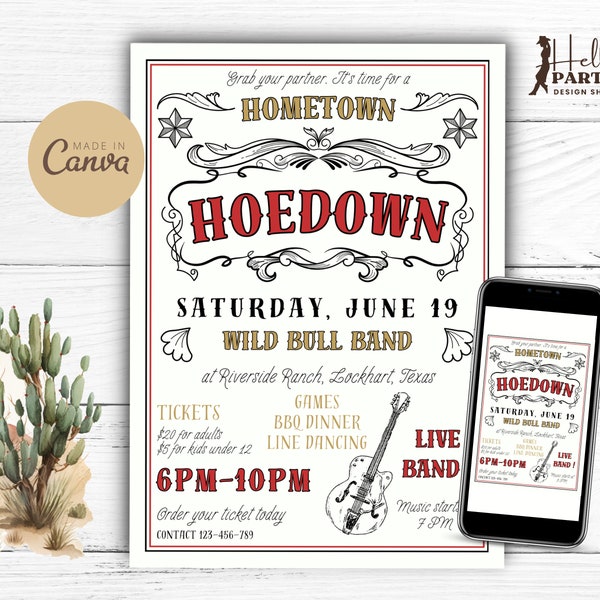 Editable Vintage Red Hoedown Flyer -Country Guitar Party Invitation -Rustic Live Music Band Digital Invite- Cowboy Line Dance- Western HF7