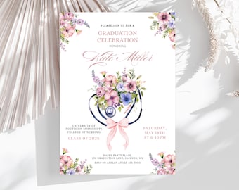 Abschluss-Einladung für die Pflegeschule bearbeitbare Canva, RN Nurse College Grad Party, Boho Blumen medizinisch