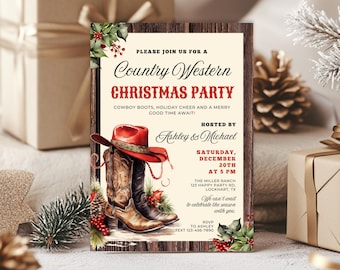 Puede incluir: Una tarjeta de invitación rectangular con borde de veta de madera que muestra un sombrero de vaquero rojo sobre botas de cuero marrón, decorada con acebo y bayas. El texto dice: Please join us for a Country Western Christmas Party.