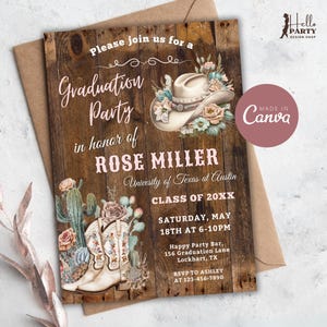 Editable Western Graduation Party Invitation Cowgirl Graduation Party Digital Invite Country College Grad Cap Printable Canva Template GPG1