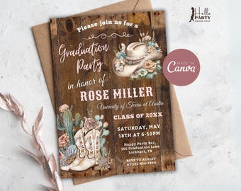 Editable Western Graduation Party Invitation Cowgirl Graduation Party Digital Invite Country College Grad Cap Printable Canva Template GPG1