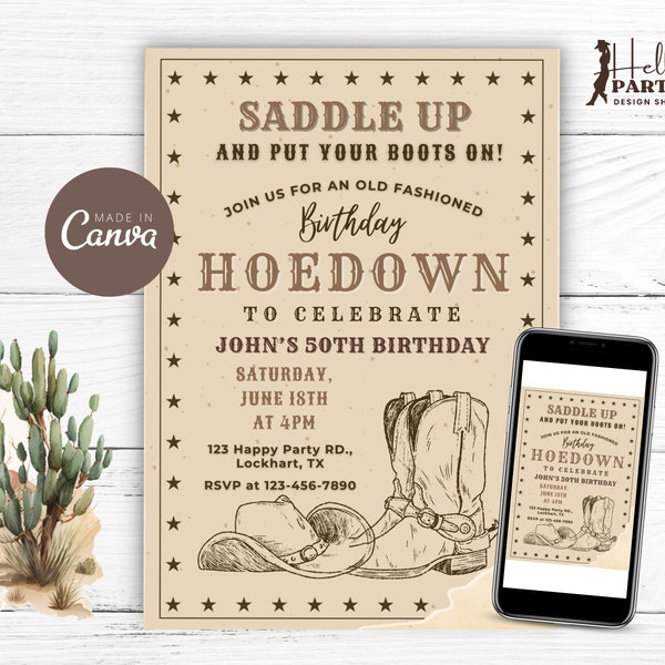 Editable Western Hoedown Birthday Party Invitation - Cowboy Digital Invite Country Boots Hat Vintage - Printable Canva Template 50th CB