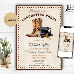 Convite editável para festa de formatura estilo Western - Convite digital rústico, boné de formatura, botas de cowboy, modelo para impressão, turma de GPB11