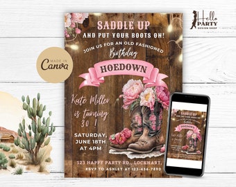 Editable Pink Peonies Hoedown Birthday Invitation - Western Cowgirl Party Digital Invite Country Floral Boots Printable Template 30th CG23