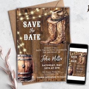 Réservez votre date western modifiable, invitation à une fête d'anniversaire, réservez cette date cow-boy, réservez cette date numérique, bottes country, modèle Hoedown CB11