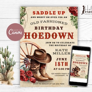 Invito per festa di compleanno con rose rosse e cowgirl Hoedown modificabile - Modello stampabile con stivali western, invito digitale rustico floreale country CP