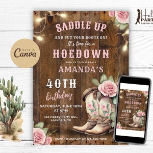 Invito per la festa del 40° compleanno con ballo da cowgirl modificabile - Invito stampabile con rose occidentali, stivali da donna floreali, stile country digitale selvaggio West CP
