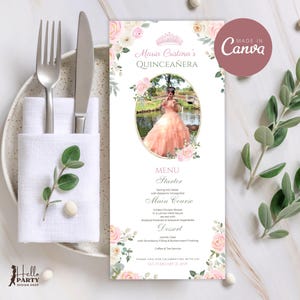 Cardápio de 15 anos com foto, Blush rosa dourado, Menu de fotos com foto, Floral rosa, Cartão de menu para festa de 15 anos, Doce 16 anos, Canva QPP5