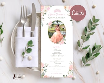 Pink Blush Rose Gold Quinceañera Menu with photo, Pink Floral Mis Quince Anos Photo Menu Card Party Printable  15 XV Sweet 16 Canva QP05