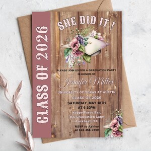 Editable Western Graduation Party Invitation, Cowgirl College Grad Party, Country Canva Template