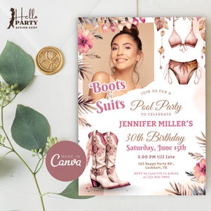 Invito con foto per stivali e abiti, invito per festa in piscina in stile western, festa in stile cowgirl, invito con foto per compleanno estivo in stile boho, Canva CP27p
