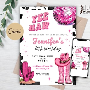 Modello di invito per festa di compleanno di Yee Haw Cowgirl - Invito per festa in discoteca rosa acceso Rodeo Western Digital Canva Stivali da donna country Cactus CP11
