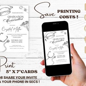 May include: A black and white printable graduation invitation for a nursing graduate. The invitation features a stethoscope, a graduation cap, and a medical symbol. The text on the invitation reads "Graduation Celebration" and "Crystal Miller".
