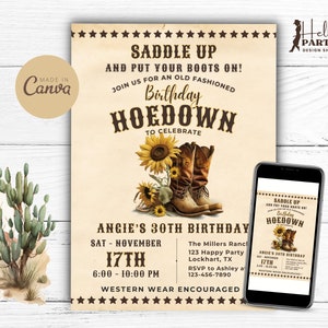 Invito per la festa del 30° compleanno di Cowgirl con girasole Hoedown - Invito digitale fai da te con stivali western Modello modificabile rustico floreale rustico CP