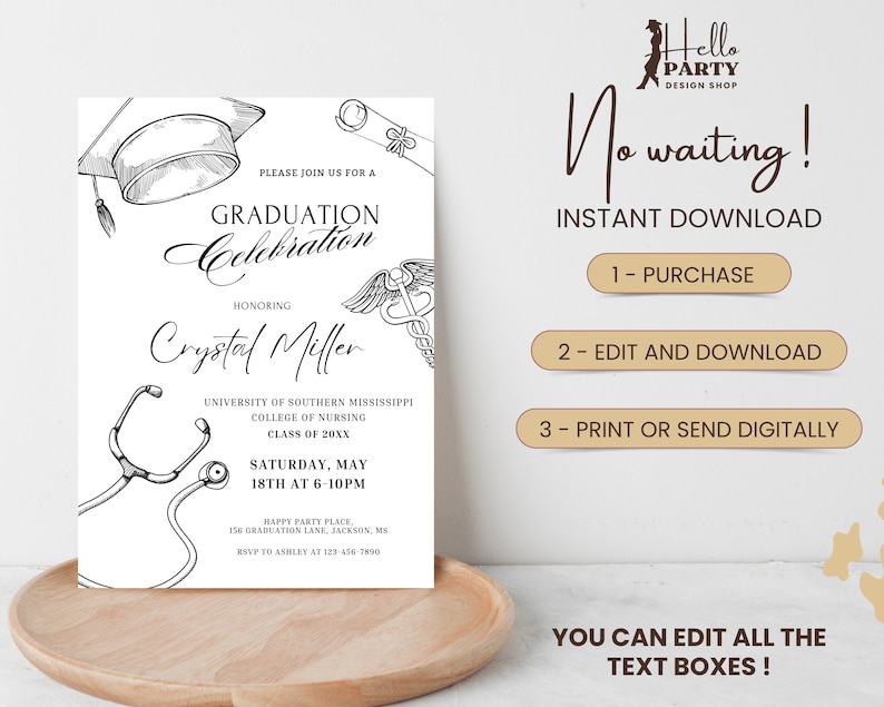 May include: Black and white printable graduation invitation with a graduation cap, stethoscope, and caduceus. The invitation is for Crystal Miller's graduation from the University of Southern Mississippi College of Nursing. The invitation includes the date and time of the graduation celebration.