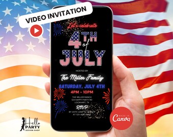 4. Juli VIDEO Einladung, animiertes Feuerwerk Mobile einladen, Party zum Unabhängigkeitstag, bearbeitbare Canva