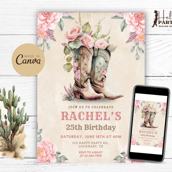 Editable Cowgirl Birthday Party Invitation - Boho Western Invite Rustic Country Floral Pink Lady Boots Printable Hoedown Canva Template CP