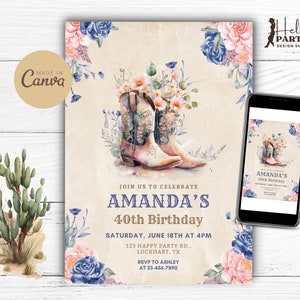 Modello di invito di compleanno country blu e rosa polveroso - Invito per il 40esimo compleanno con stivali da cowgirl - Carta stampabile floreale rustica Boho Western CP