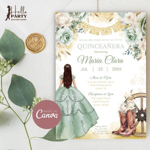 Editable Sage Green Quinceañera Invitation, Ivory Gold Floral Mis Quince Invite, Pale Green Princess Dress, Cowgirl 15th Birthday, Canva QI8