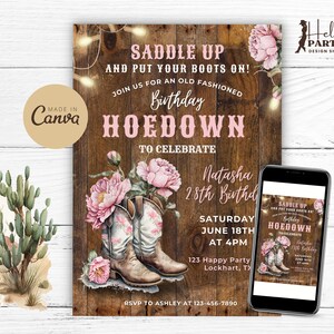 Invito per festa di compleanno con stivali da cowgirl, Hoedown modificabile - Invito digitale Western con fiori di peonia, stampabile, modello Canva CP