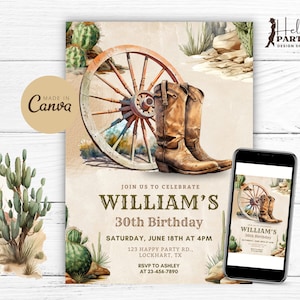 Invito festa di compleanno occidentale modificabile - Cowboy Digital Hoedown Invito Rustic Country Cactus Boots Modello Canva stampabile 30th CB14