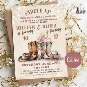Invito doppio compleanno Western, invito compleanno congiunto Cowboy Cowgirl, festa cowboy fratelli, doppia celebrazione compleanno Western per bambini KB1