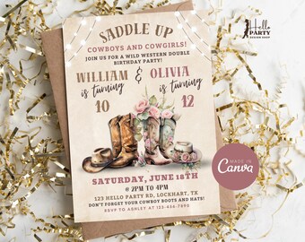 Western Double Birthday Invitation, Cowboy Cowgirl Joint Birthday Invite, Siblings Cowboy Party, Kid Western Birthday Double Celebration KB1