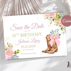 Carte "Retenez cette date" Coquette pour 15e anniversaire, thème "Bottes et noeud", coings "Retenez cette date", toile "Retenez cette date" or rose Quinceañera QPP14b