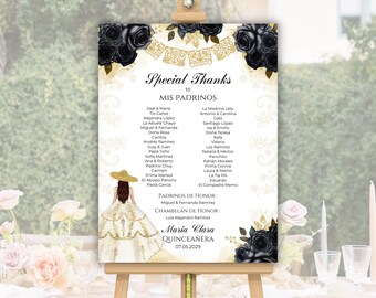 Danke Padrinos Zeichen, Floral Schwarz Gold Weiß Charra, Paten Liste BK7