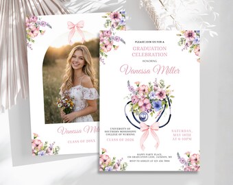 Krankenpflege-Abschluss-Fotoeinladung bearbeitbare Canva, RN Nurse College Grad Party, Boho Blumen medizinisch