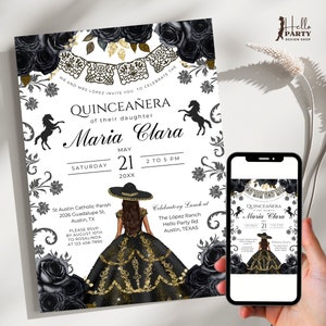 Zwarte uitnodiging quinceañera, zwarte 15e verjaardag, zwart goud westerse charra, paarden bewerkbare uitnodiging, Mexicaanse cowgirl Mis Quince Años BK3