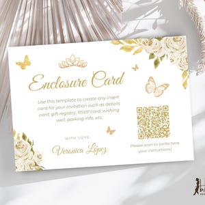 Champagne Gold Floral Insert Card QR-Code, Ivory Quinceaño Enclosure Card Sweet 16 Details Card Template Mis Quince Einladung Insert QI2b