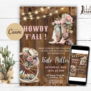 Invito alla festa di compleanno "Howdy Y'All" rosa modificabile Invito digitale per cowgirl occidentale Cappello rustico Stivali stampabile Modello Canva CP