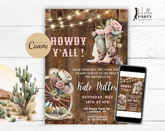 編集可能なピンクの「Howdy Y'All」誕生日パーティー招待状 ウエスタンカウガールデジタル招待状 素朴なカントリーブーツハット 印刷可能なCanvaテンプレート CP