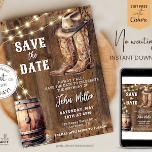 May include: A rustic save the date card with a wooden background, string lights, and a pair of cowboy boots. The text reads "Save the Date" and includes the name "John Miller" and the date "Saturday, May 18th at 4pm".