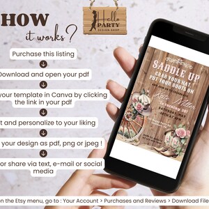 May include: A digital phone screen displaying a printable invitation for a 30th birthday party with a rustic western theme. The invitation features a wooden background with a saddle, cowboy boots, and a pink cowboy hat. The text on the invitation reads "Saddle Up Grab Your Hat Put Your Boots On And Join Us To Celebrate Kate Miller Is Turning 30! Saturday, May 18th at 4pm 123 Happy Party Rd. Lockhart, TX RSVP to Ashley at 123-456-7890"