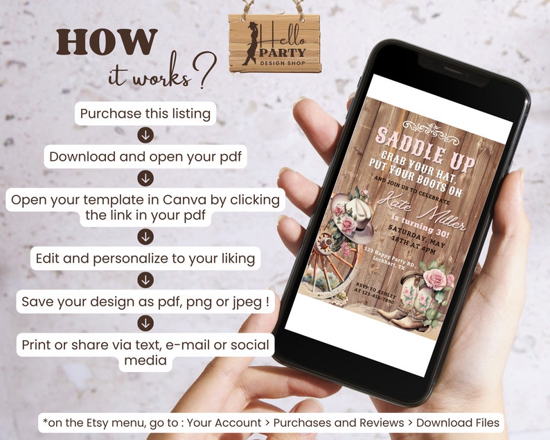 May include: A digital phone screen displaying a printable invitation for a 30th birthday party with a rustic western theme. The invitation features a wooden background with a saddle, cowboy boots, and a pink cowboy hat. The text on the invitation reads "Saddle Up Grab Your Hat Put Your Boots On And Join Us To Celebrate Kate Miller Is Turning 30! Saturday, May 18th at 4pm 123 Happy Party Rd. Lockhart, TX RSVP to Ashley at 123-456-7890"