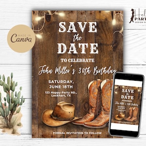 Invito alla festa di compleanno "Save the date" modificabile in stile western - Invito digitale da cowboy, stivali rustici, cappello in legno - Modello Canva stampabile CB1