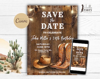 Editable Western Save The Date Birthday Party Invitation - Cowboy Digital Invite Rustic Country Boots Hat Wood -Printable Canva Template CB1