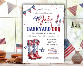 Western 4th of July Backyard BBQ Invitation, Fireworks Cookout Party, Cowboy Editable Canva Template