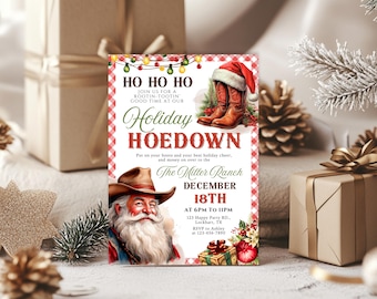 May include: A rectangular holiday invitation card with a red and white gingham border. It features a Santa Claus illustration, brown cowboy boots with a Santa hat, string lights, and text reading HO HO HO, Holiday HOEDOWN, The Miller Ranch, December 18th.