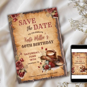 Compleanno modificabile di rose rosse occidentali Salva la data - Invito alla festa da cowgirl Cappello floreale country rustico Modello stampabile Hoedown Canva CG4