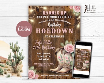 Editable Hoedown - Cowgirl Birthday Party Invitation - Western Digital Invite Rustic Country Floral Lady Boots Printable Canva Template CP