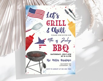 Grill and Chill 4. Juli BBQ-Einladung, bearbeitbares Familientreffen zum Unabhängigkeitstag, Feuerwerksparty