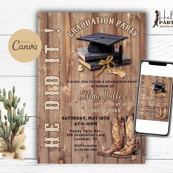 Editable Western Graduation Party Invitation - Digital Invite Rustic Country College Grad Cap Cowboy Boots Printable Template Class Of GPB16